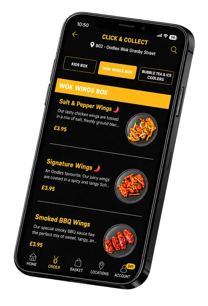 The Oodles Wok app showing a Click and Collect order from the Wok Wings Box